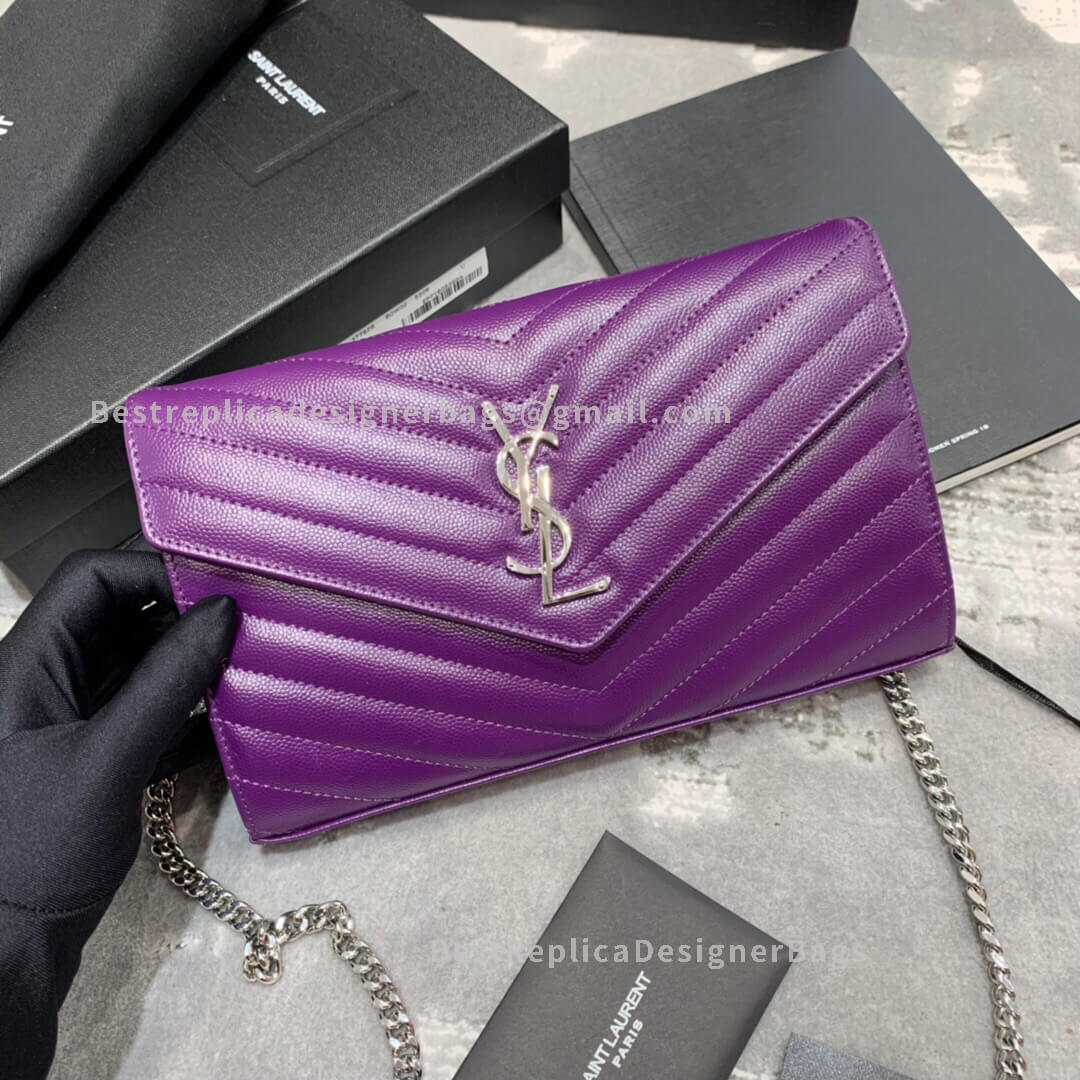 Replica YSL Saint Laurent Monogram Envelope Chain Wallet Grained Leather  Black Silver Hardware Fake From China