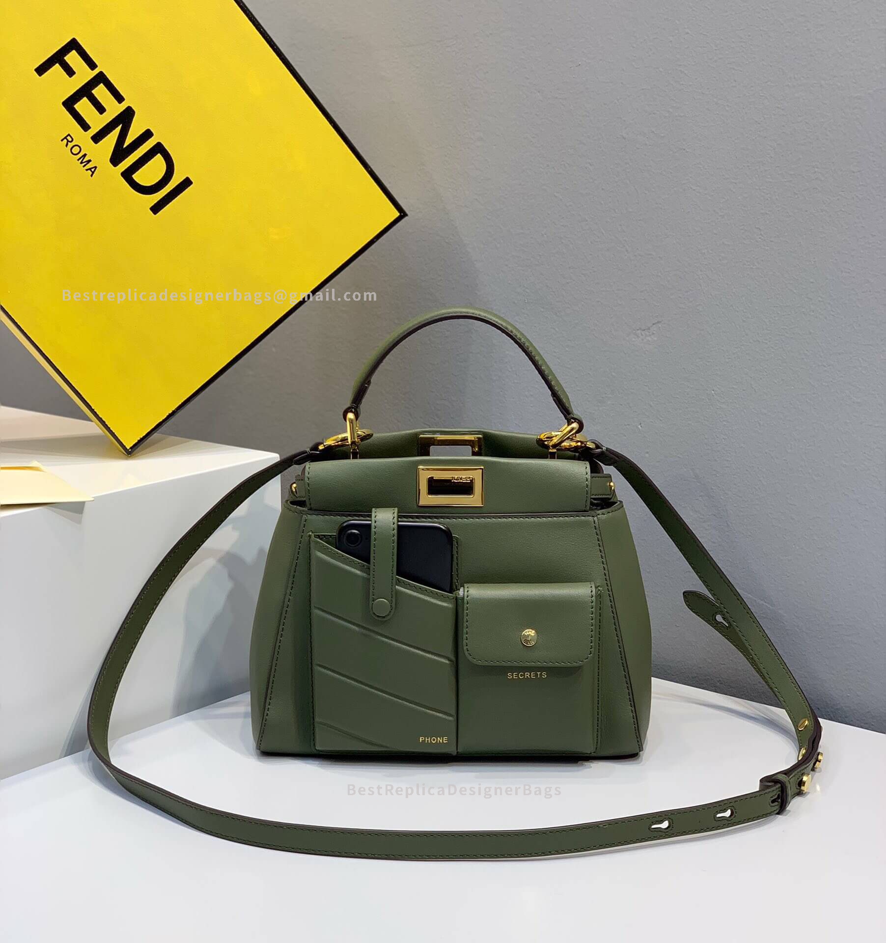 Fendi Peekaboo Iconic Mini Green Leather Bag 2113 - Best Fendi Replica